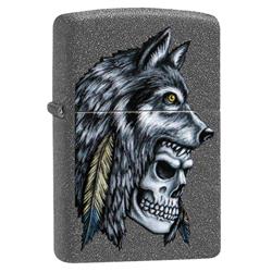 29863 Wolf Skull Feather Iron Stone Pocket Lighter