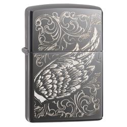 29881 Filigree Flame & Wings Black Ice Laser Engrave & Auto Engrave Pocket Lighter