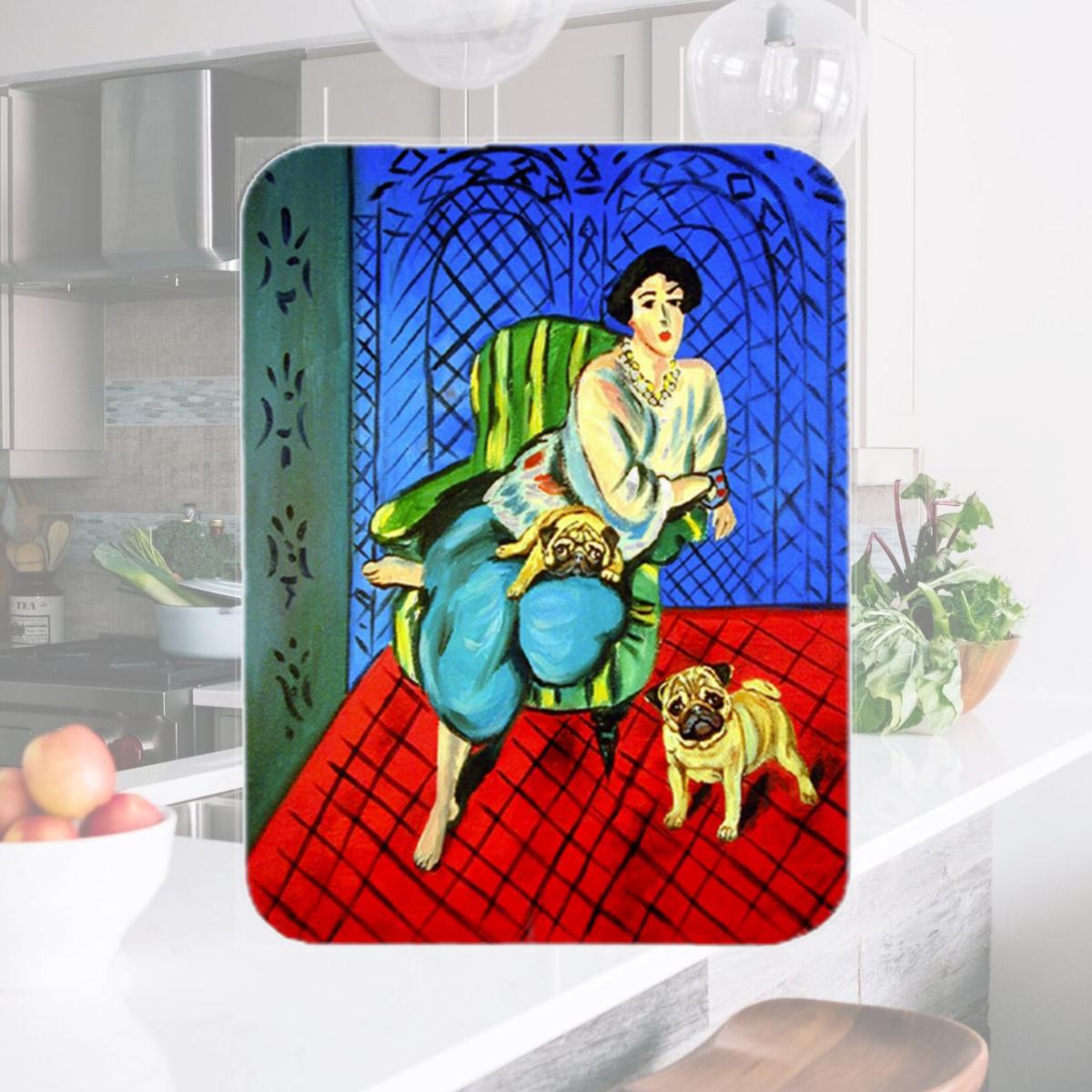 Picture of Carolines Treasures 7072LCB 15 x 12 in. Lady With Her Pug Glass Cutting Board - Large
