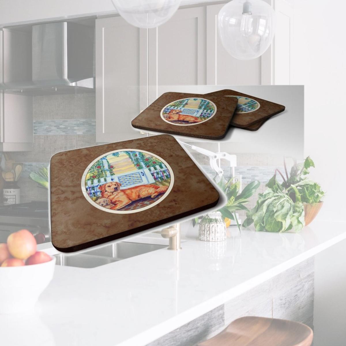Picture of Carolines Treasures 7148FC Golden Retriever & Puppy at the Fence Foam Coaster, Set of 4
