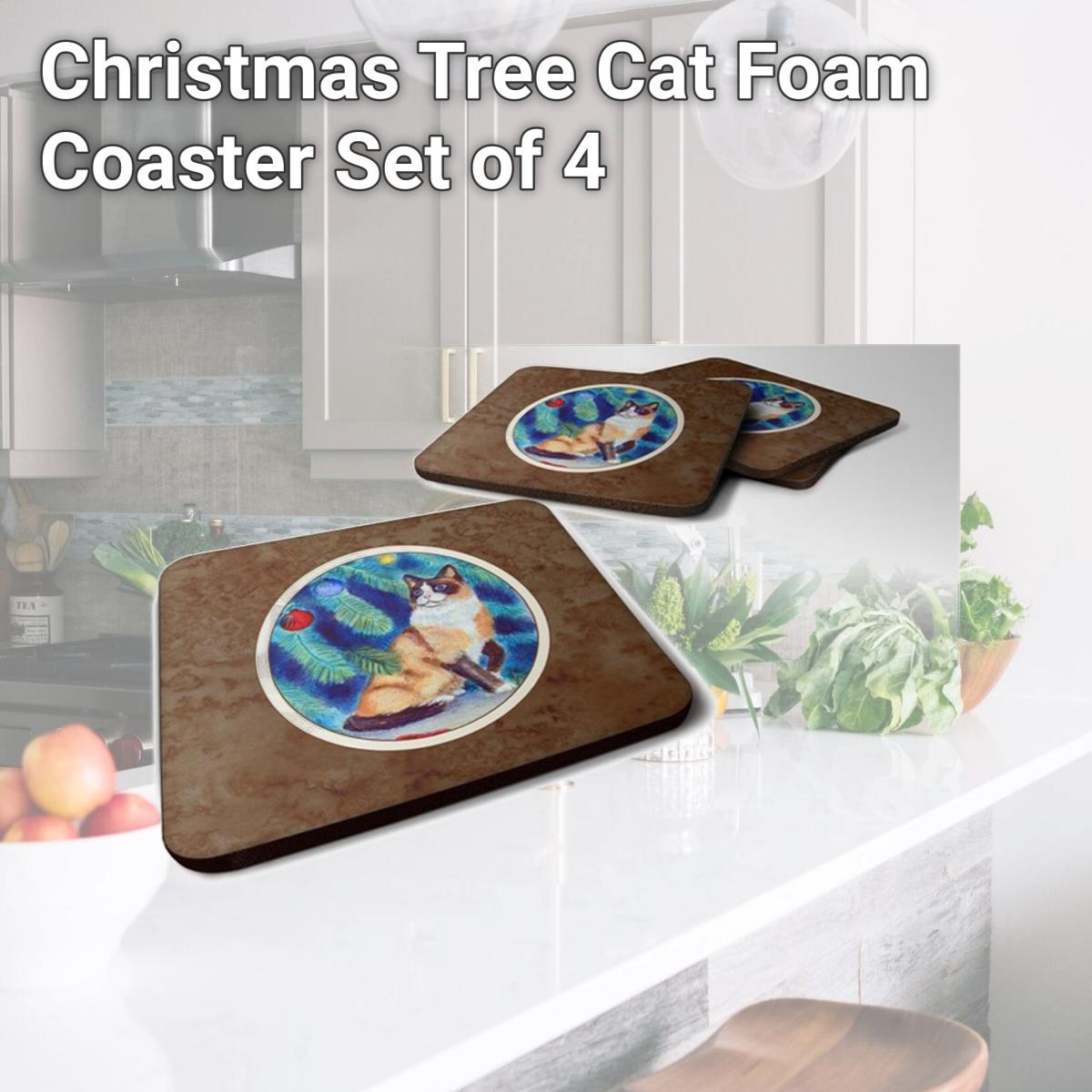 Picture of Carolines Treasures 7155FC Christmas Tree Cat Foam Coaster, Set of 4
