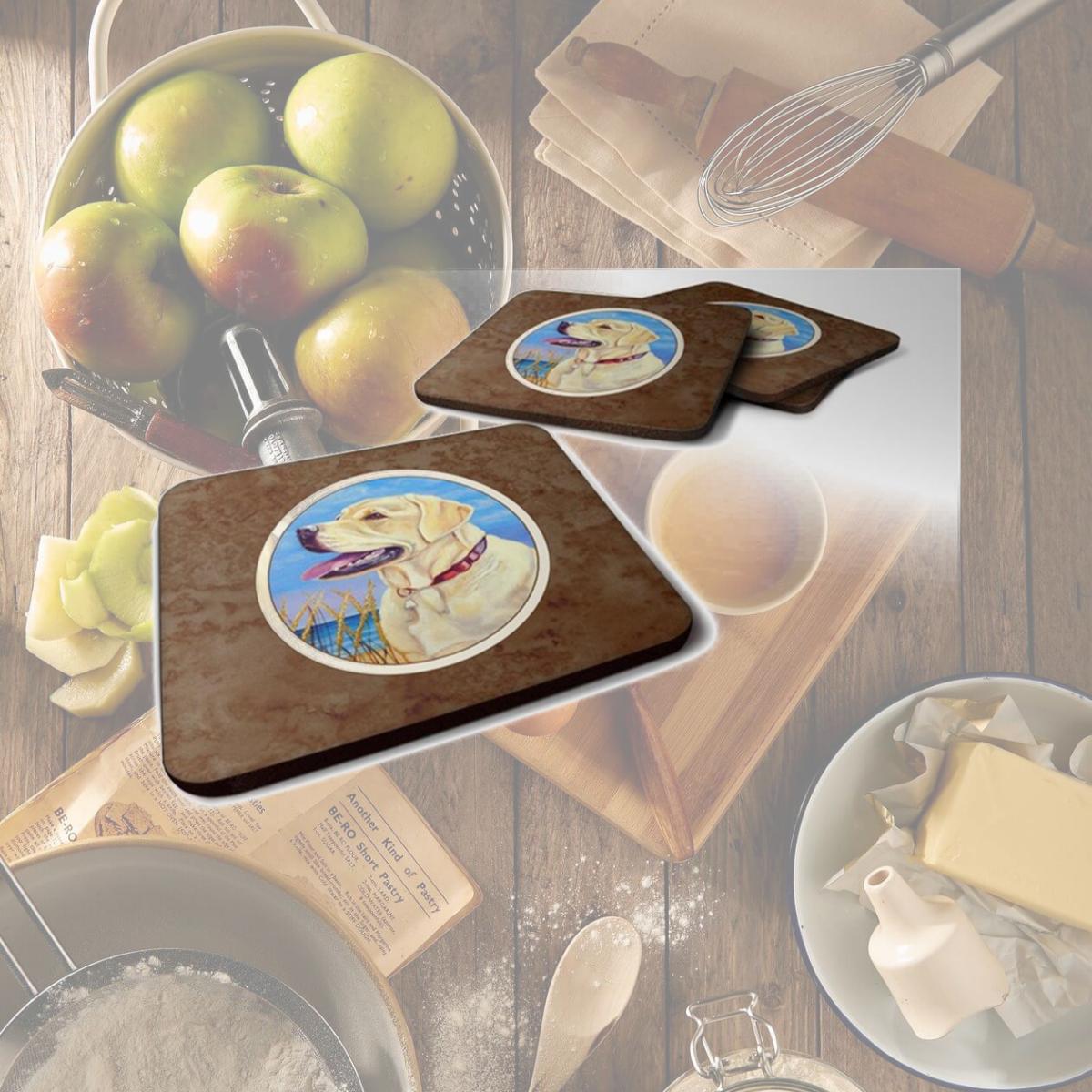 Picture of Carolines Treasures 7158FC Yellow Labrador at the Beach Foam Coaster, Set of 4