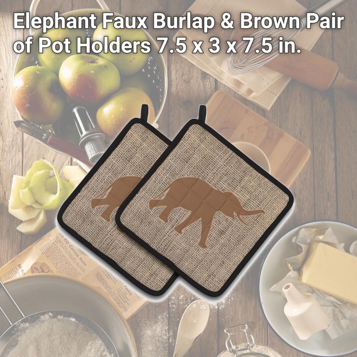 Picture of Carolines Treasures BB1011-BL-BN-PTHD Elephant Faux Burlap & Brown Pair of Pot Holders, 7.5 x 3 x 7.5 in.
