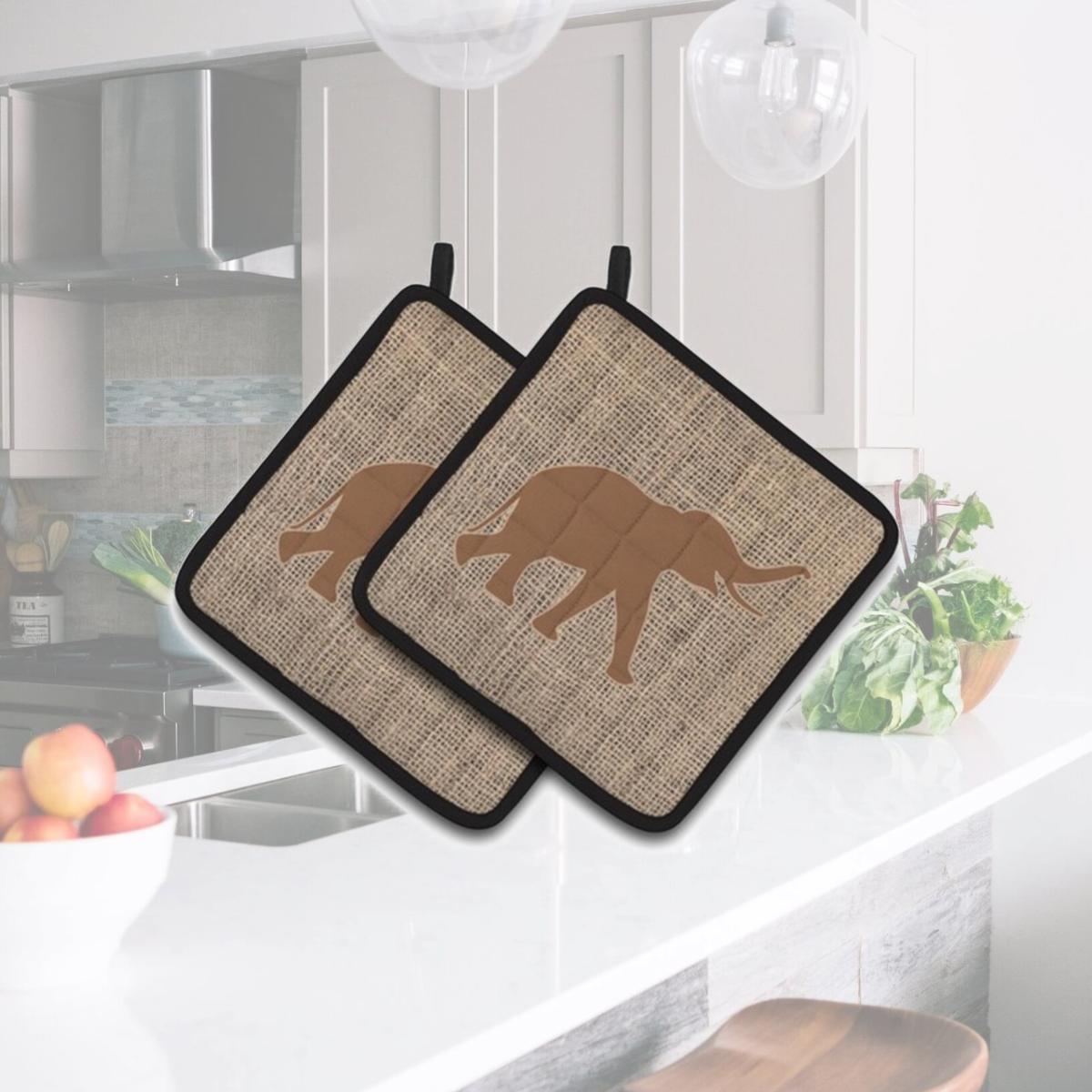 Picture of Carolines Treasures BB1011-BL-BN-PTHD Elephant Faux Burlap & Brown Pair of Pot Holders, 7.5 x 3 x 7.5 in.