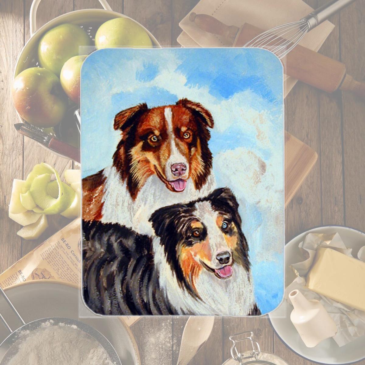 Picture of Carolines Treasures 7009LCB Australian Shepherd Double Trouble Glass Cutting Board - Large- 15 x 12 in.