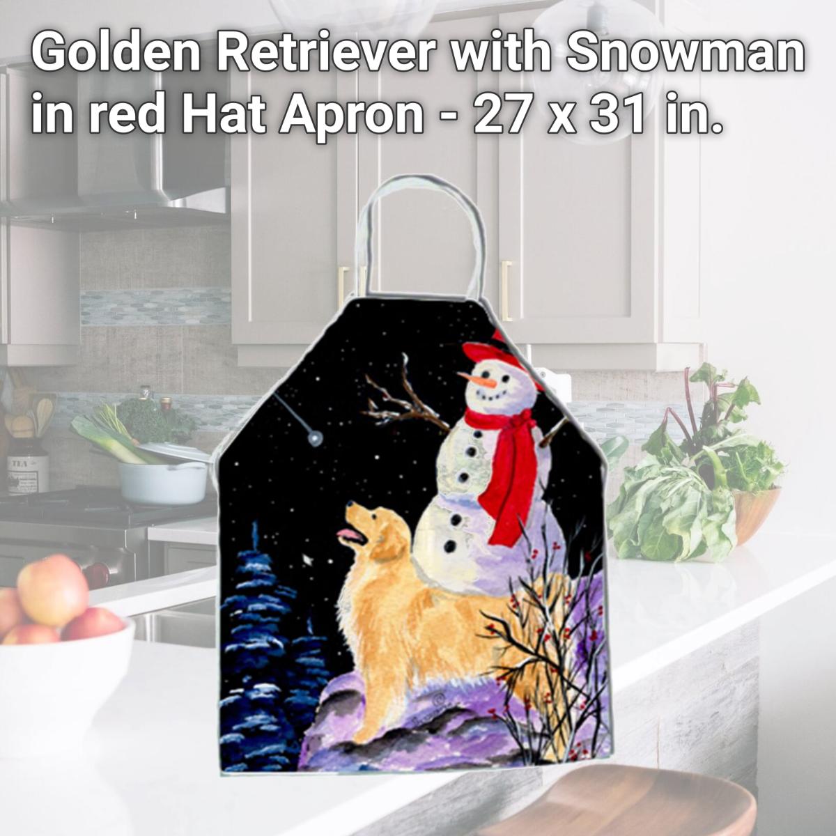 Picture of Carolines Treasures SS8579APRON Golden Retriever with Snowman in red Hat Apron - 27 x 31 in.