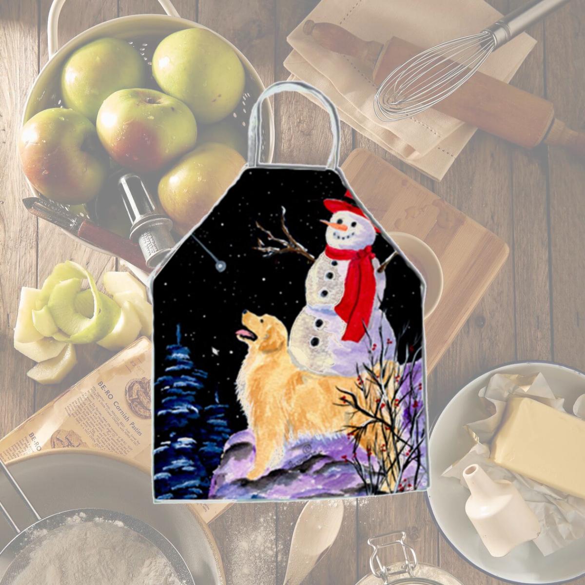 Picture of Carolines Treasures SS8579APRON Golden Retriever with Snowman in red Hat Apron - 27 x 31 in.
