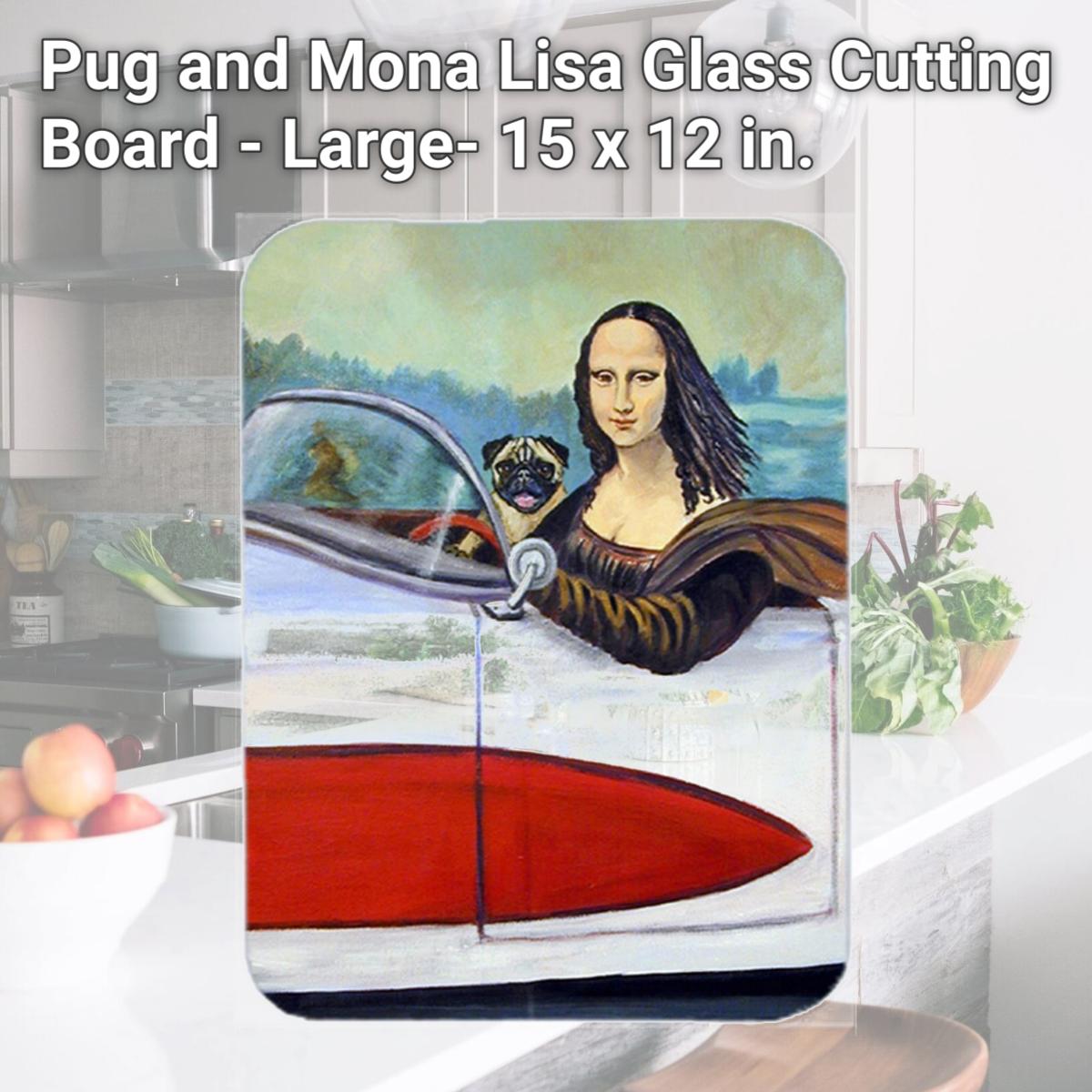Picture of Carolines Treasures 7043LCB Pug and Mona Lisa Glass Cutting Board - Large- 15 x 12 in.