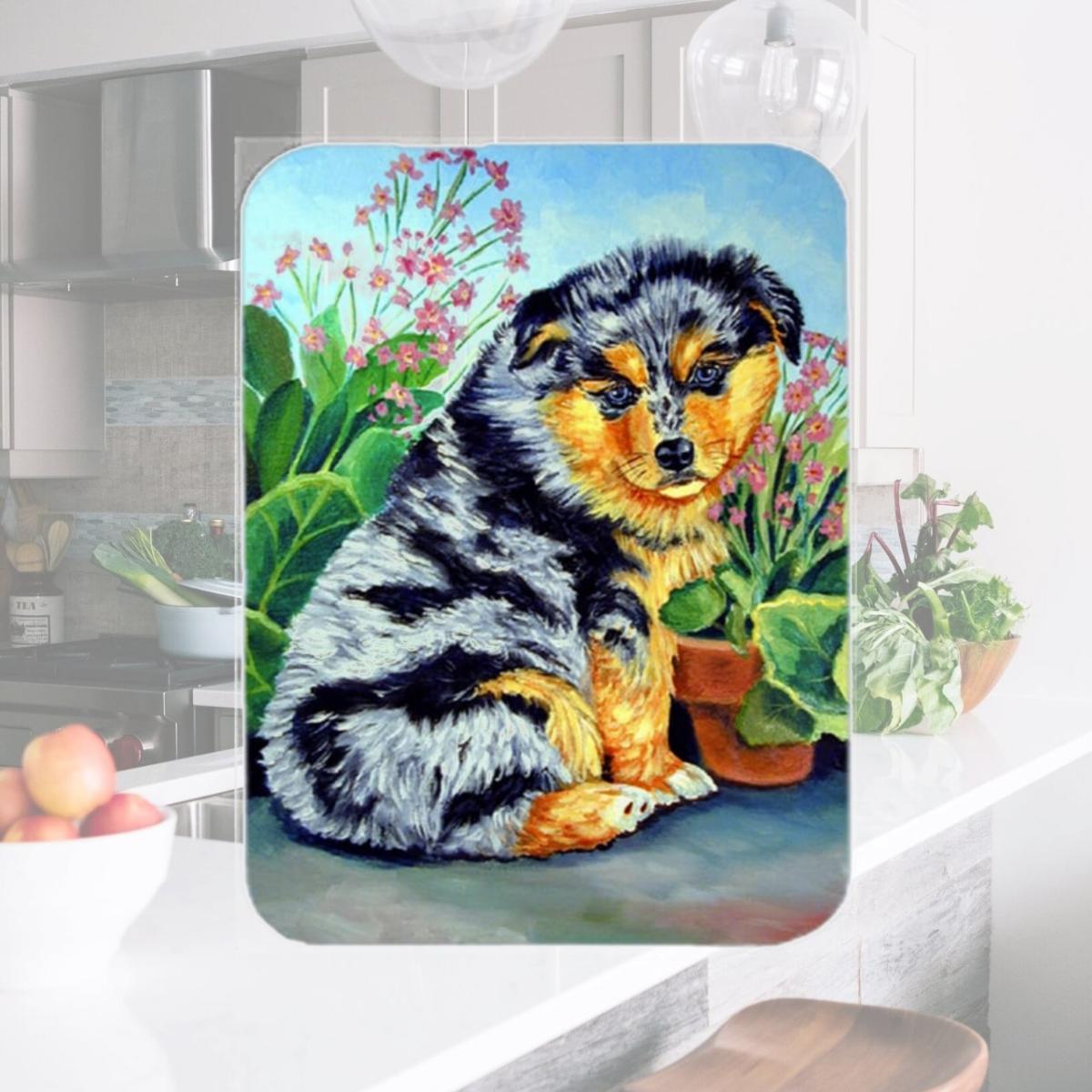 Picture of Carolines Treasures 7045LCB Australian Shepherd Puppy Glass Cutting Board - Large- 15 x 12 in.