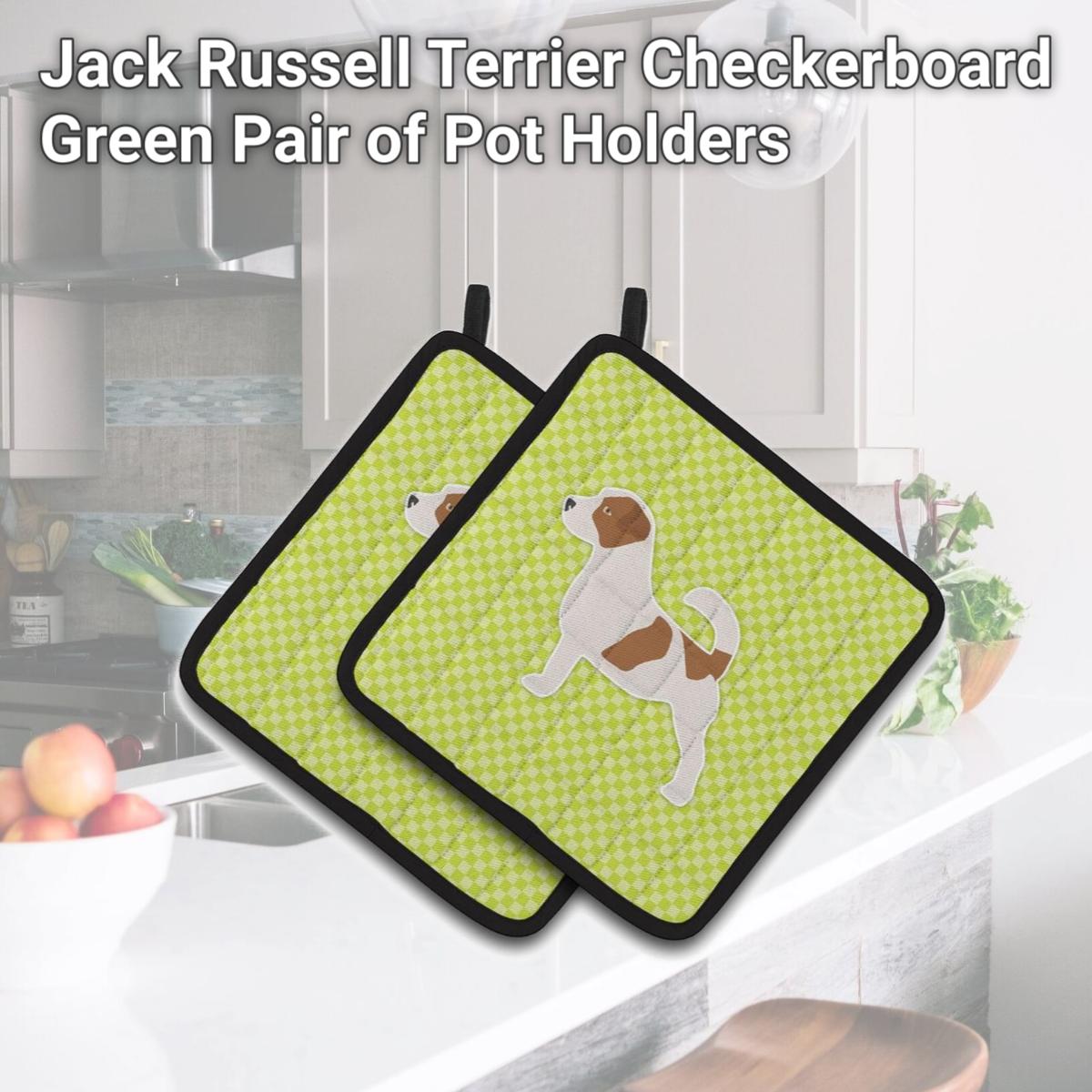 Picture of Carolines Treasures BB3807PTHD Jack Russell Terrier Checkerboard Green Pair of Pot Holders