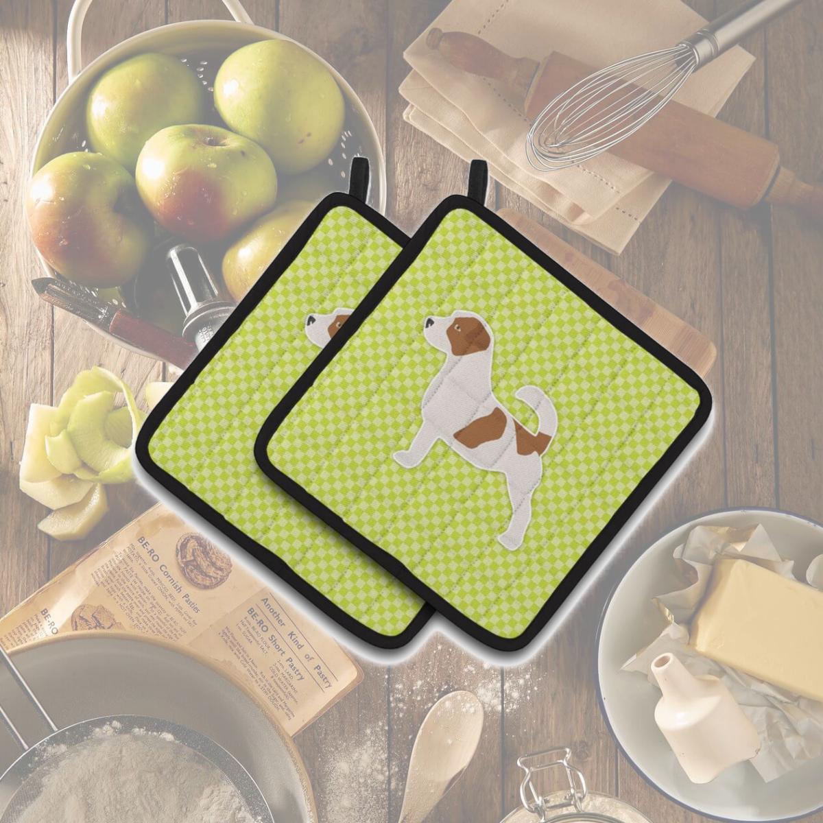 Picture of Carolines Treasures BB3807PTHD Jack Russell Terrier Checkerboard Green Pair of Pot Holders