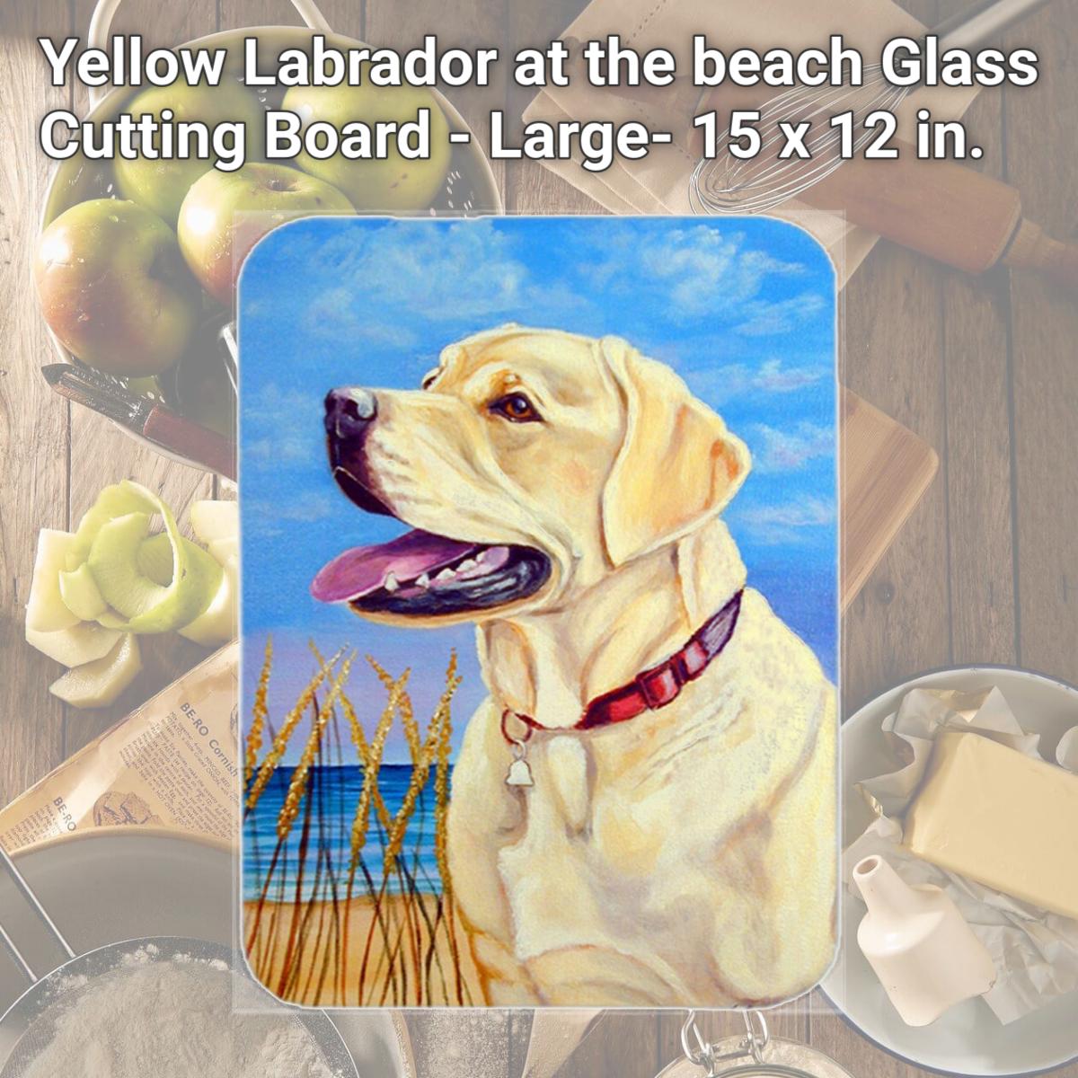 Picture of Carolines Treasures 7158LCB Yellow Labrador at the beach Glass Cutting Board - Large- 15 x 12 in.