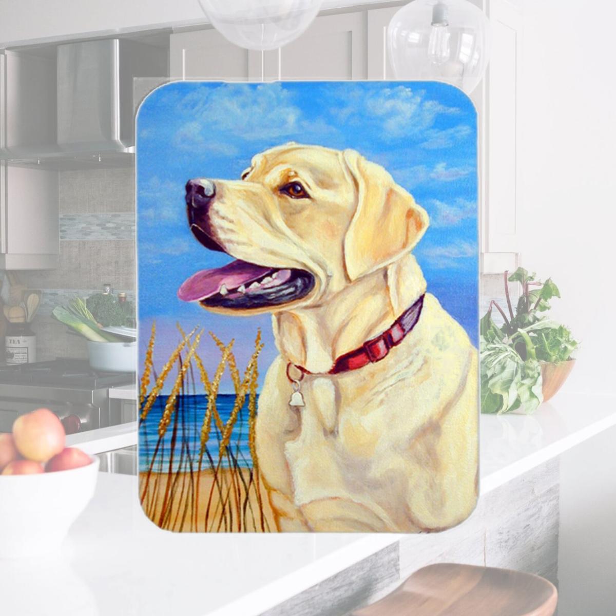 Picture of Carolines Treasures 7158LCB Yellow Labrador at the beach Glass Cutting Board - Large- 15 x 12 in.