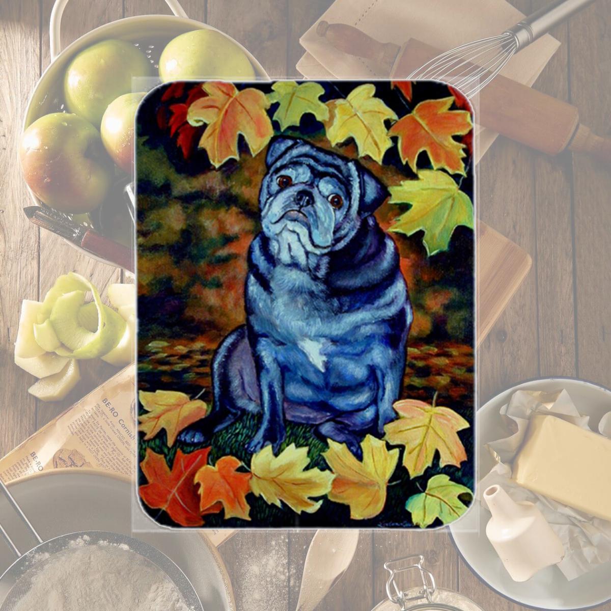 Picture of Carolines Treasures 7159LCB Old Black Pug in fall leaves Glass Cutting Board - Large- 15 x 12 in.