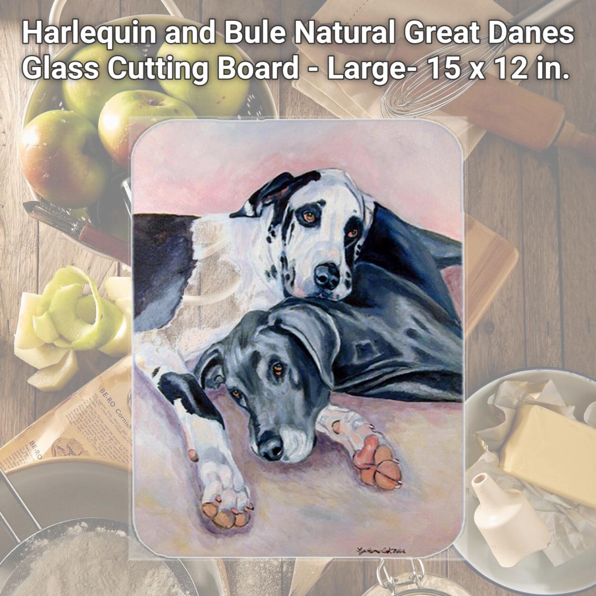 Picture of Carolines Treasures 7164LCB Harlequin and Bule Natural Great Danes Glass Cutting Board - Large- 15 x 12 in.