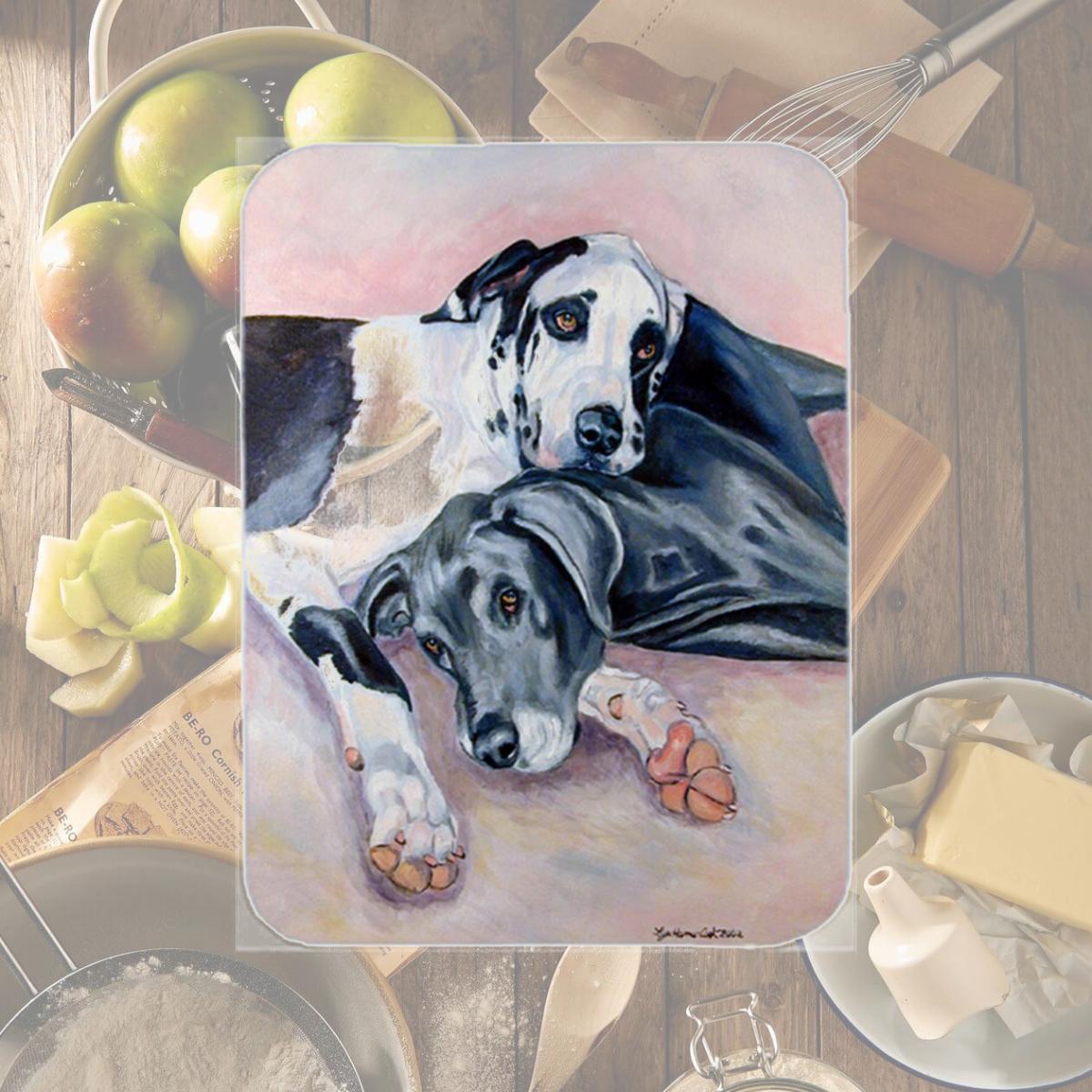 Picture of Carolines Treasures 7164LCB Harlequin and Bule Natural Great Danes Glass Cutting Board - Large- 15 x 12 in.
