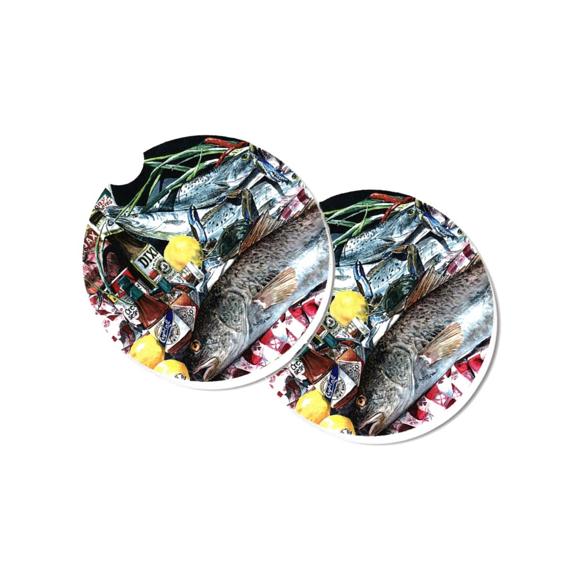 Picture of Carolines Treasures 1001CARC Fish & Beers from New Orleans Set of 2 Cup Holder Car Coaster