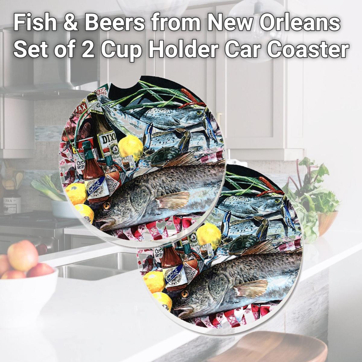 Picture of Carolines Treasures 1001CARC Fish & Beers from New Orleans Set of 2 Cup Holder Car Coaster