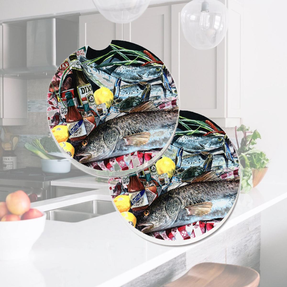 Picture of Carolines Treasures 1001CARC Fish & Beers from New Orleans Set of 2 Cup Holder Car Coaster