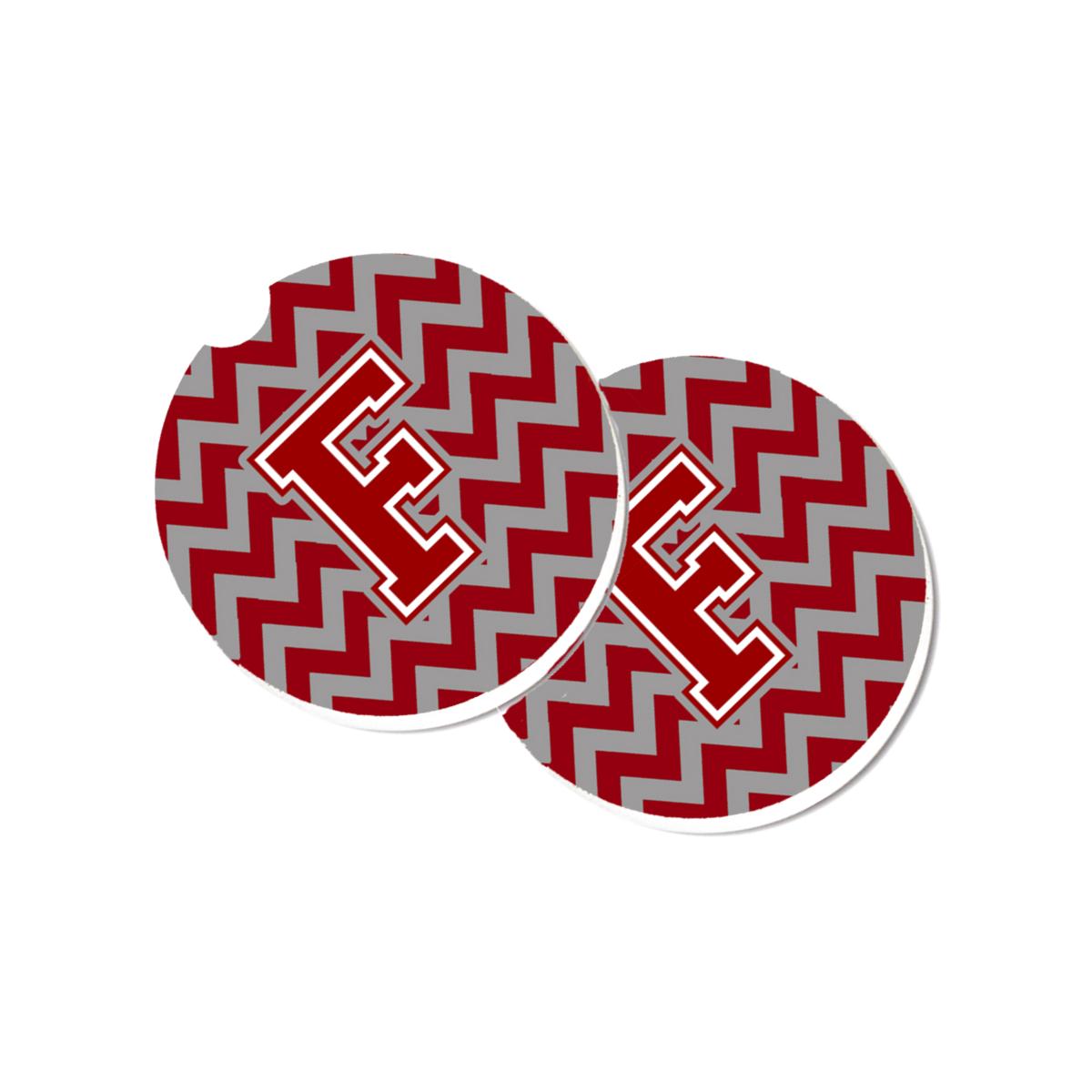 Picture of Carolines Treasures CJ1049-FCARC Letter F Chevron Maroon & White Set of 2 Cup Holder Car Coaster
