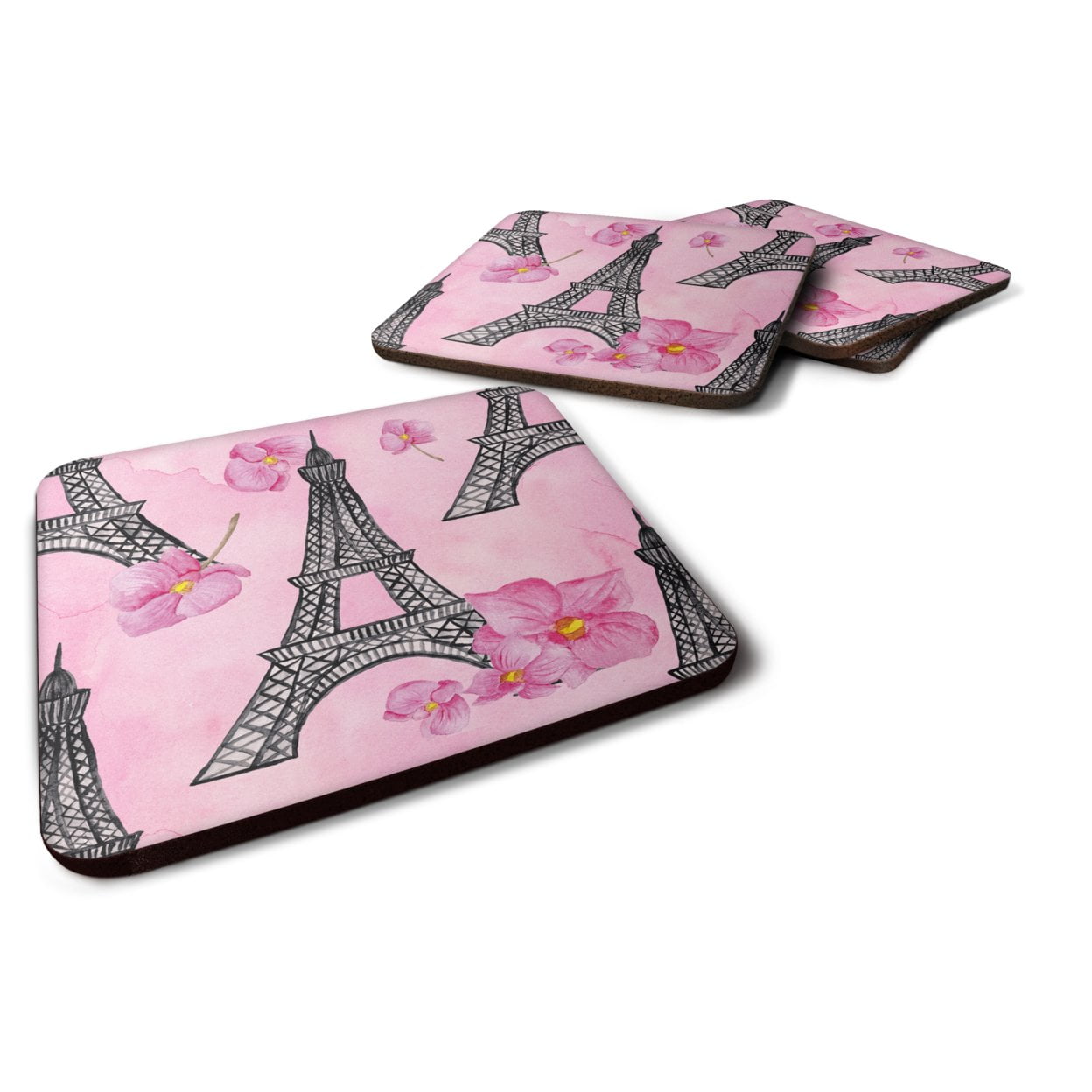 Watercolor Pink Flowers & Eiffel Tower Foam Coaster, Set of 4