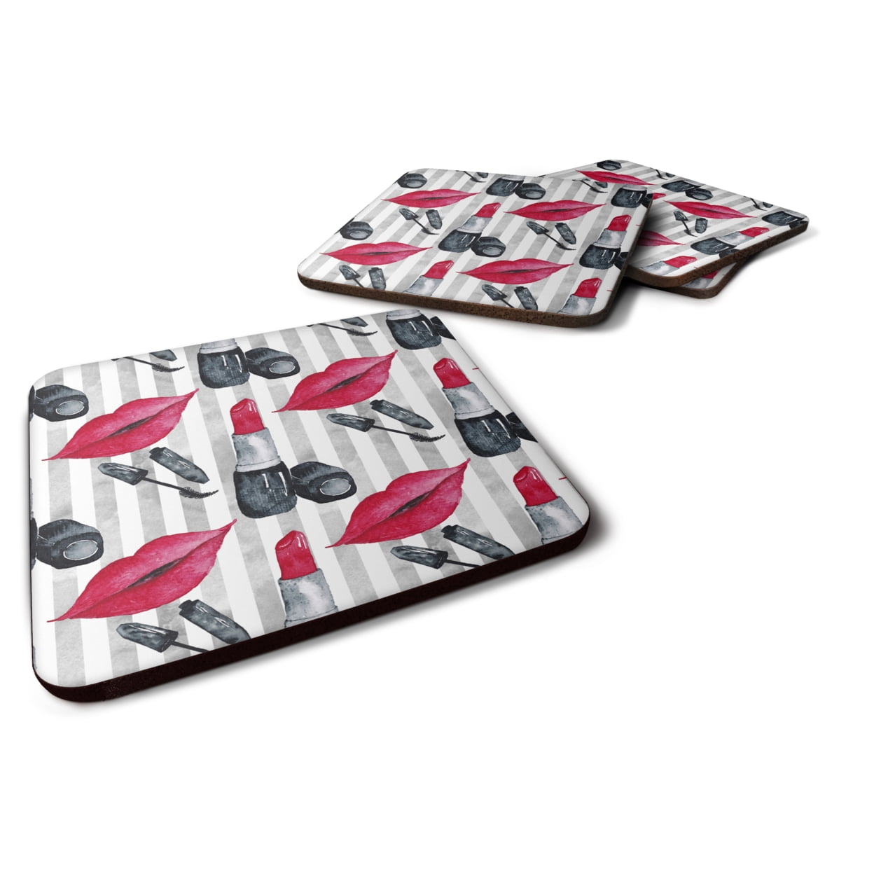 Watercolor Lipstick & Grey Stripes Foam Coaster - Set of 4