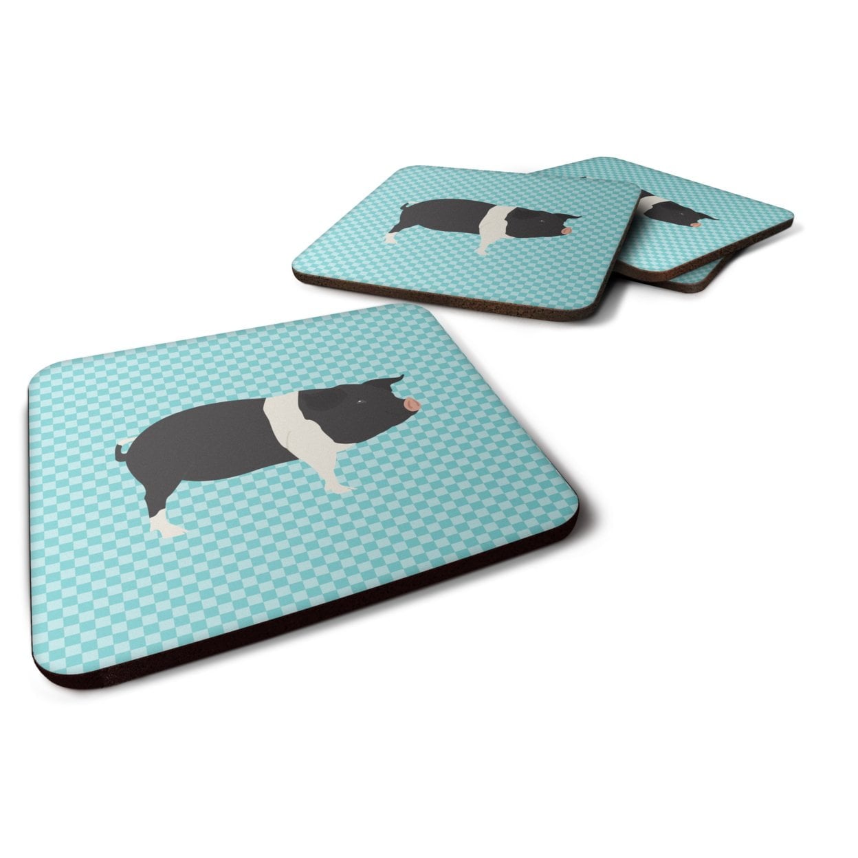 BB8113FC Hampshire Pig Blue Check Foam Coaster, Set of 4