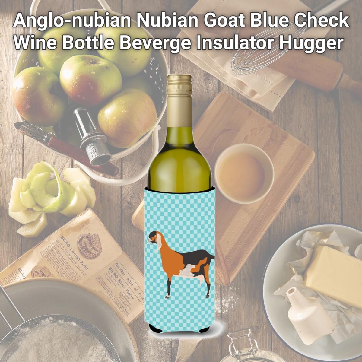 Picture of Carolines Treasures BB8057LITERK Anglo-nubian Nubian Goat Blue Check Wine Bottle Beverge Insulator Hugger