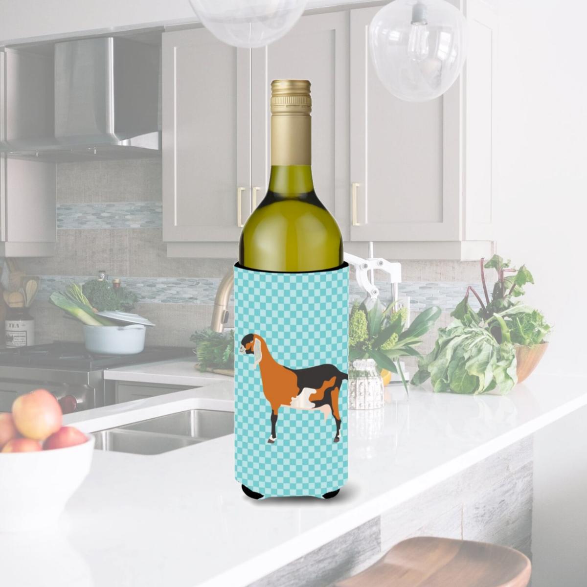 Picture of Carolines Treasures BB8057LITERK Anglo-nubian Nubian Goat Blue Check Wine Bottle Beverge Insulator Hugger