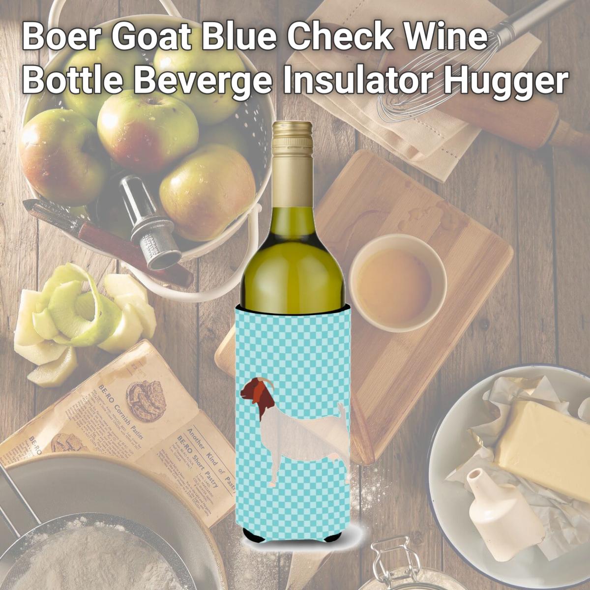 Picture of Carolines Treasures BB8060LITERK Boer Goat Blue Check Wine Bottle Beverge Insulator Hugger