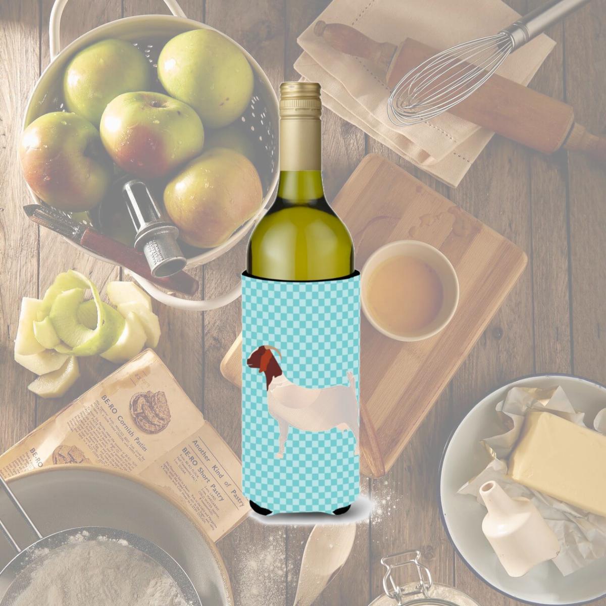 Picture of Carolines Treasures BB8060LITERK Boer Goat Blue Check Wine Bottle Beverge Insulator Hugger