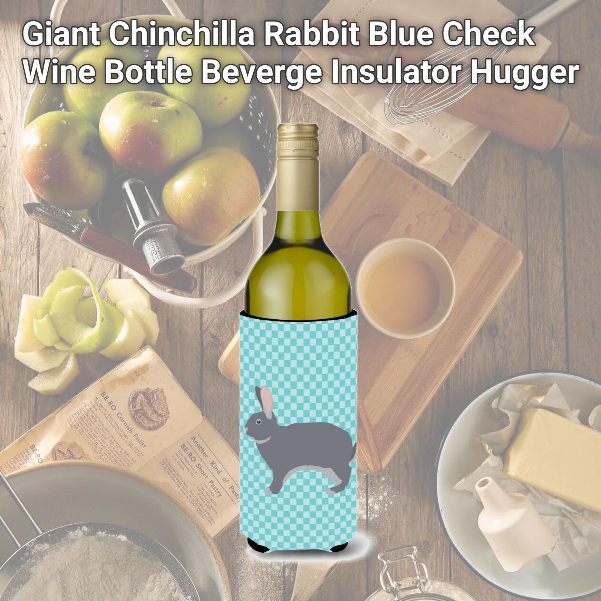 Picture of Carolines Treasures BB8140LITERK Giant Chinchilla Rabbit Blue Check Wine Bottle Beverge Insulator Hugger