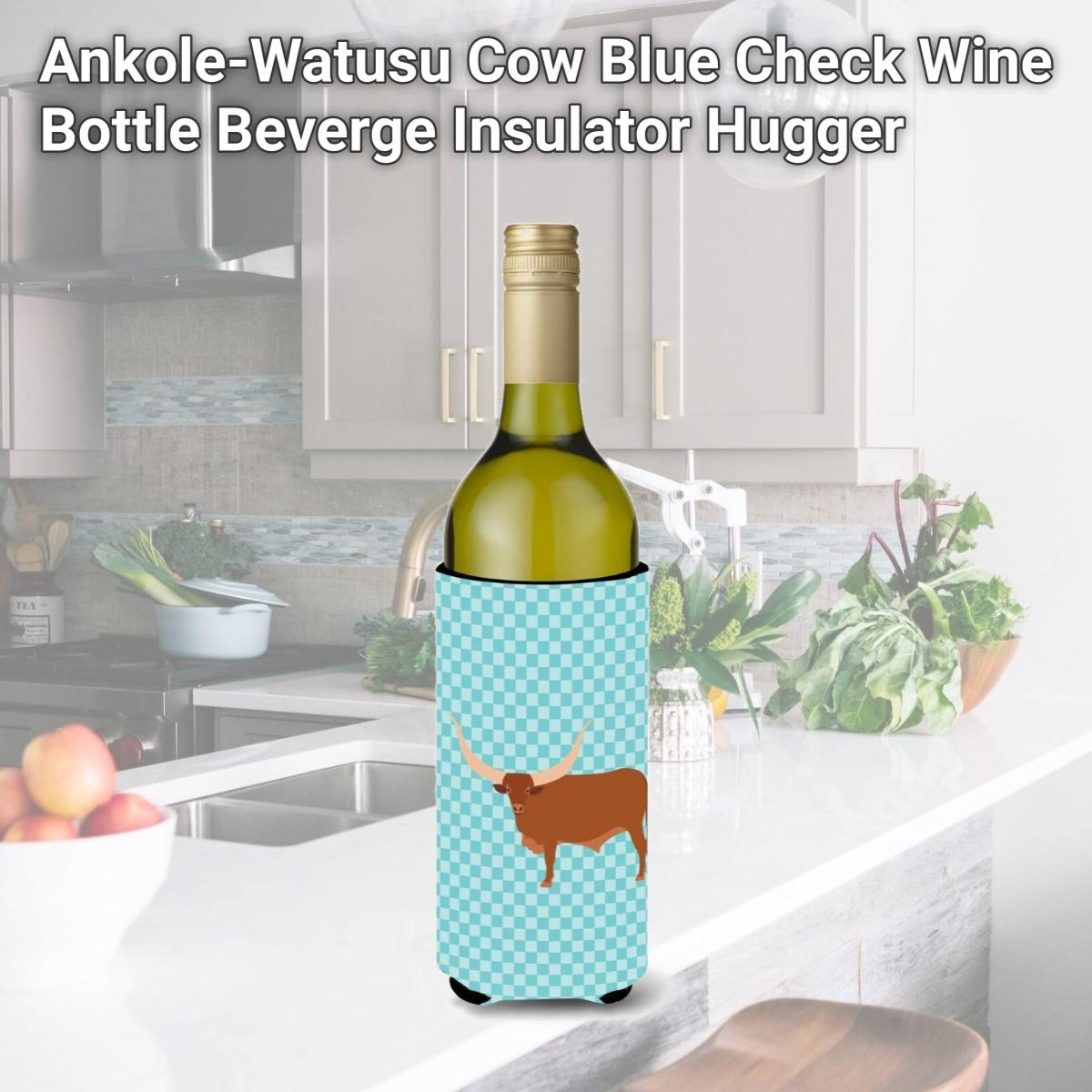 Picture of Carolines Treasures BB7997LITERK Ankole-Watusu Cow Blue Check Wine Bottle Beverge Insulator Hugger