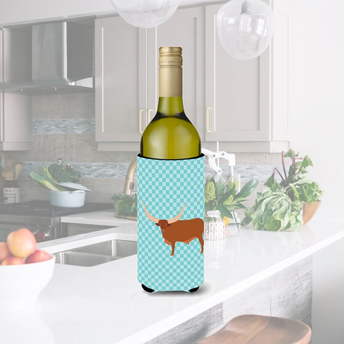 Picture of Carolines Treasures BB7997LITERK Ankole-Watusu Cow Blue Check Wine Bottle Beverge Insulator Hugger