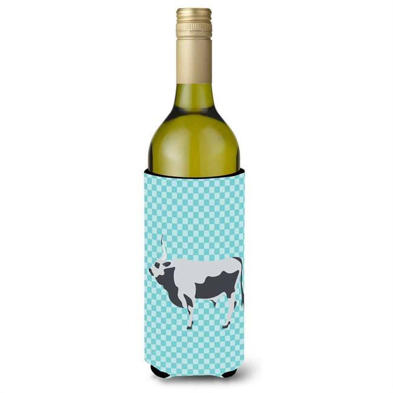 Hungarian Grey Steppe Cow Blue Check Wine Bottle Beverge Insulator Hugger