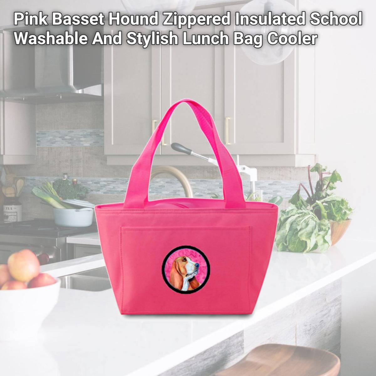 Picture of Carolines Treasures LH9377PK-8808 Pink Basset Hound Zippered Insulated School Washable And Stylish Lunch Bag Cooler
