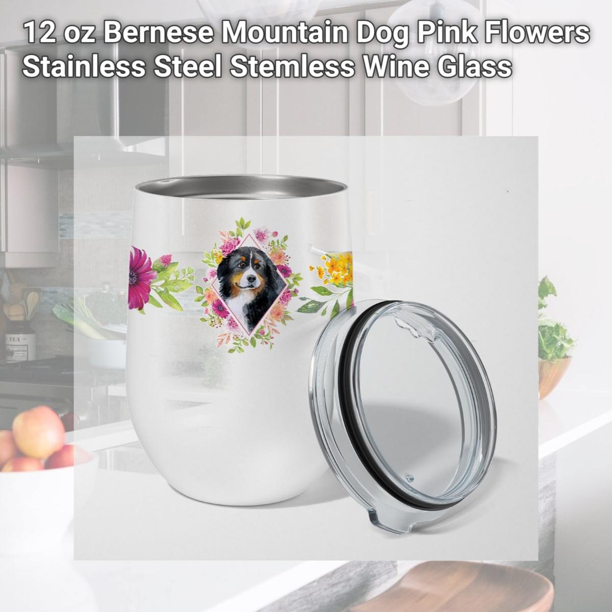 Picture of Carolines Treasures CK4118TBL12 12 oz Bernese Mountain Dog Pink Flowers Stainless Steel Stemless Wine Glass