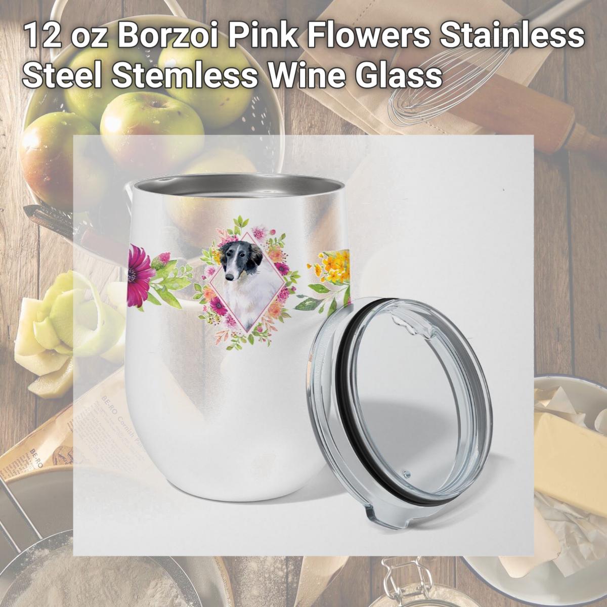 Picture of Carolines Treasures CK4122TBL12 12 oz Borzoi Pink Flowers Stainless Steel Stemless Wine Glass