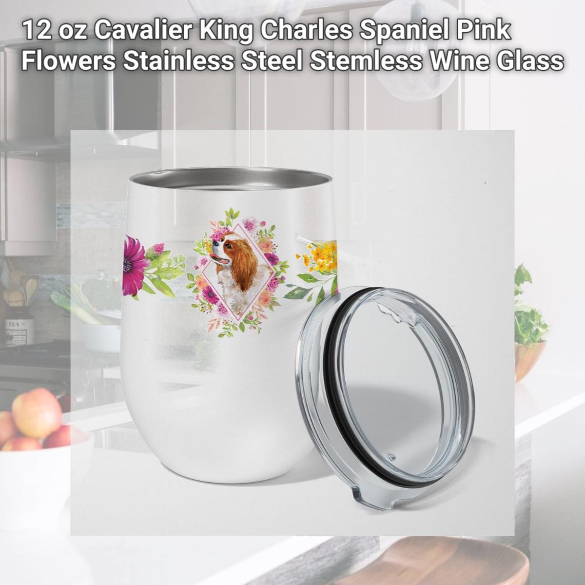 Picture of Carolines Treasures CK4126TBL12 12 oz Cavalier King Charles Spaniel Pink Flowers Stainless Steel Stemless Wine Glass