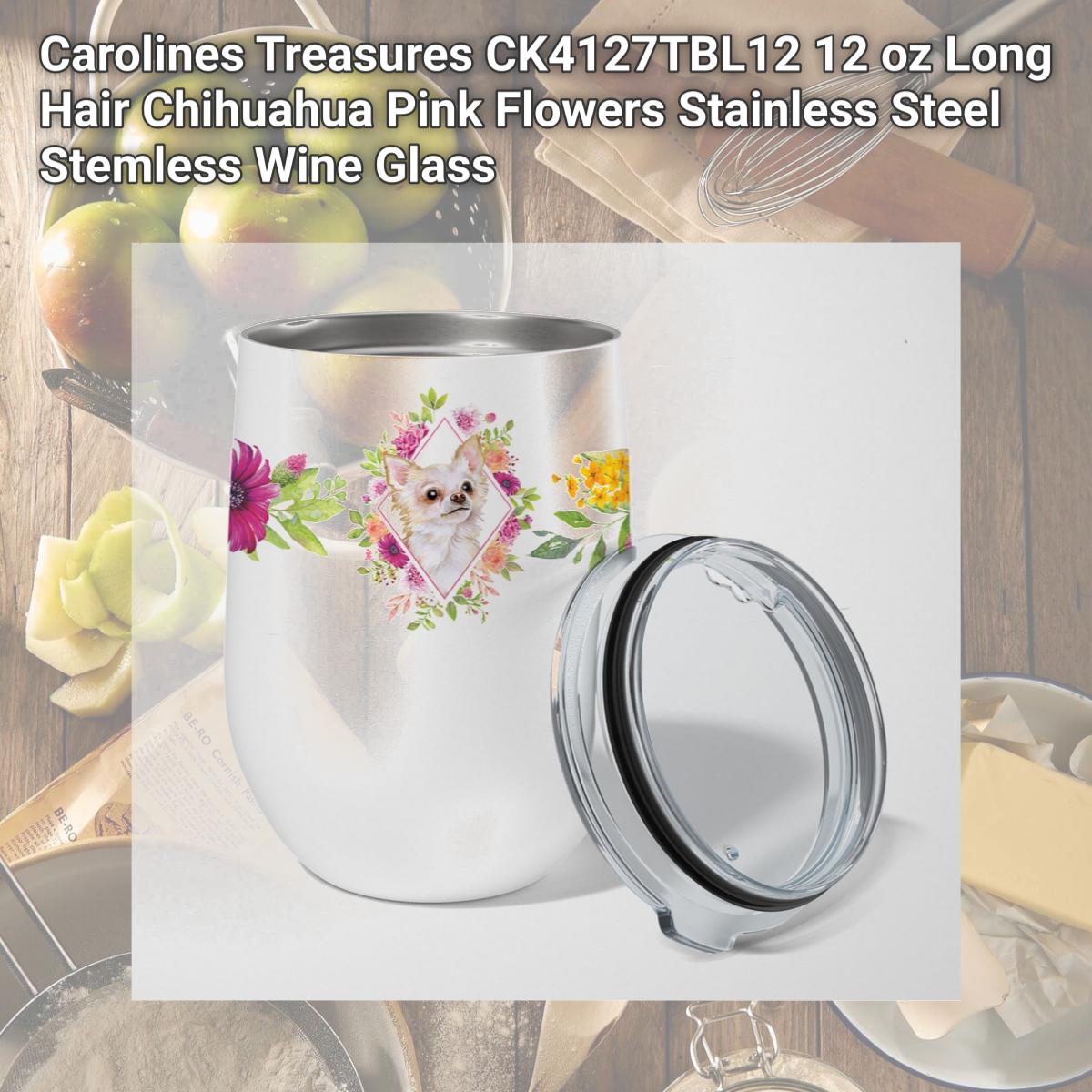 Picture of Carolines Treasures CK4127TBL12 12 oz Long Hair Chihuahua Pink Flowers Stainless Steel Stemless Wine Glass