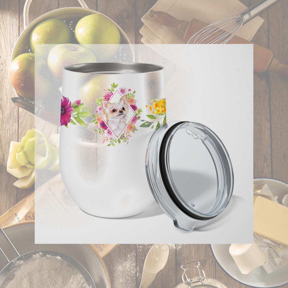 Picture of Carolines Treasures CK4127TBL12 12 oz Long Hair Chihuahua Pink Flowers Stainless Steel Stemless Wine Glass