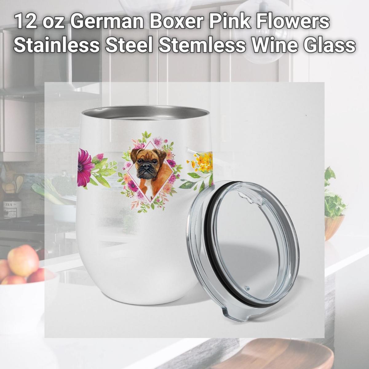 Picture of Carolines Treasures CK4145TBL12 12 oz German Boxer Pink Flowers Stainless Steel Stemless Wine Glass