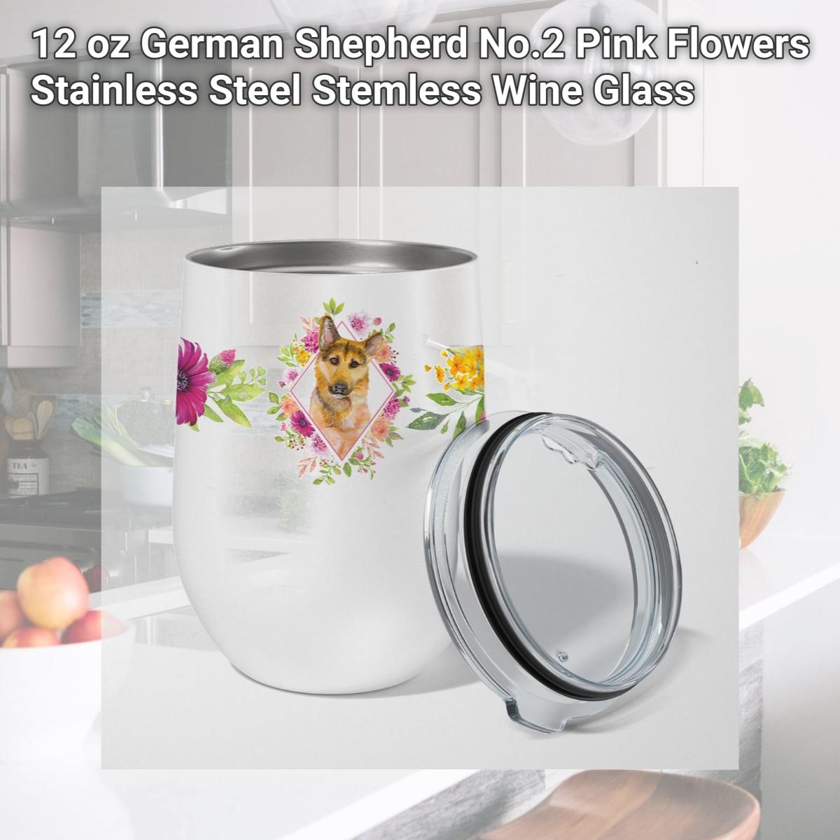 Picture of Carolines Treasures CK4147TBL12 12 oz German Shepherd No.2 Pink Flowers Stainless Steel Stemless Wine Glass