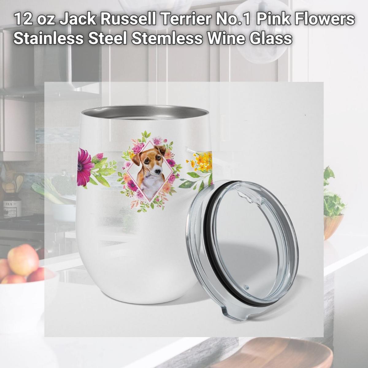 Picture of Carolines Treasures CK4155TBL12 12 oz Jack Russell Terrier No.1 Pink Flowers Stainless Steel Stemless Wine Glass