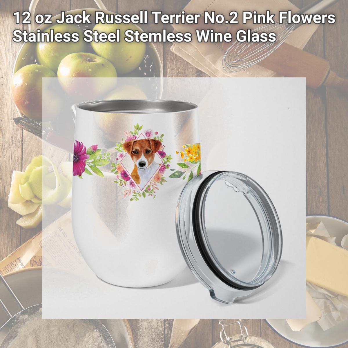 Picture of Carolines Treasures CK4156TBL12 12 oz Jack Russell Terrier No.2 Pink Flowers Stainless Steel Stemless Wine Glass