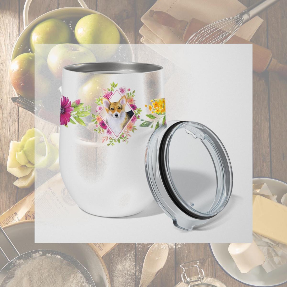 Picture of Carolines Treasures CK4167TBL12 12 oz Corgi Pink Flowers Stainless Steel Stemless Wine Glass