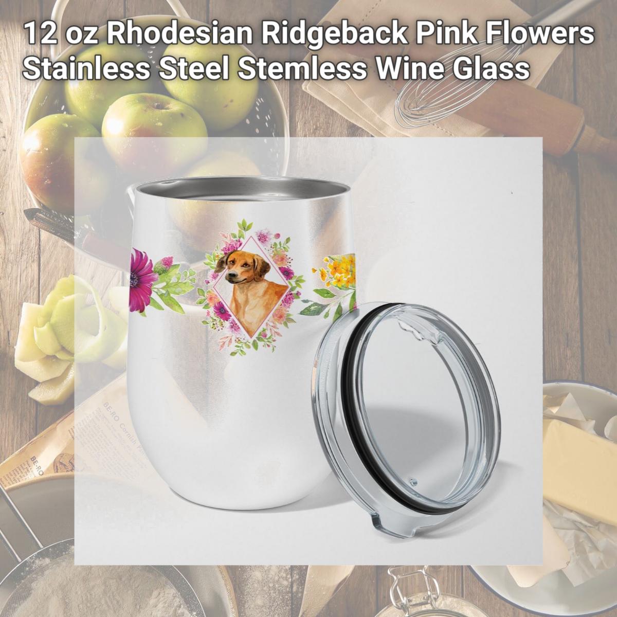 Picture of Carolines Treasures CK4175TBL12 12 oz Rhodesian Ridgeback Pink Flowers Stainless Steel Stemless Wine Glass