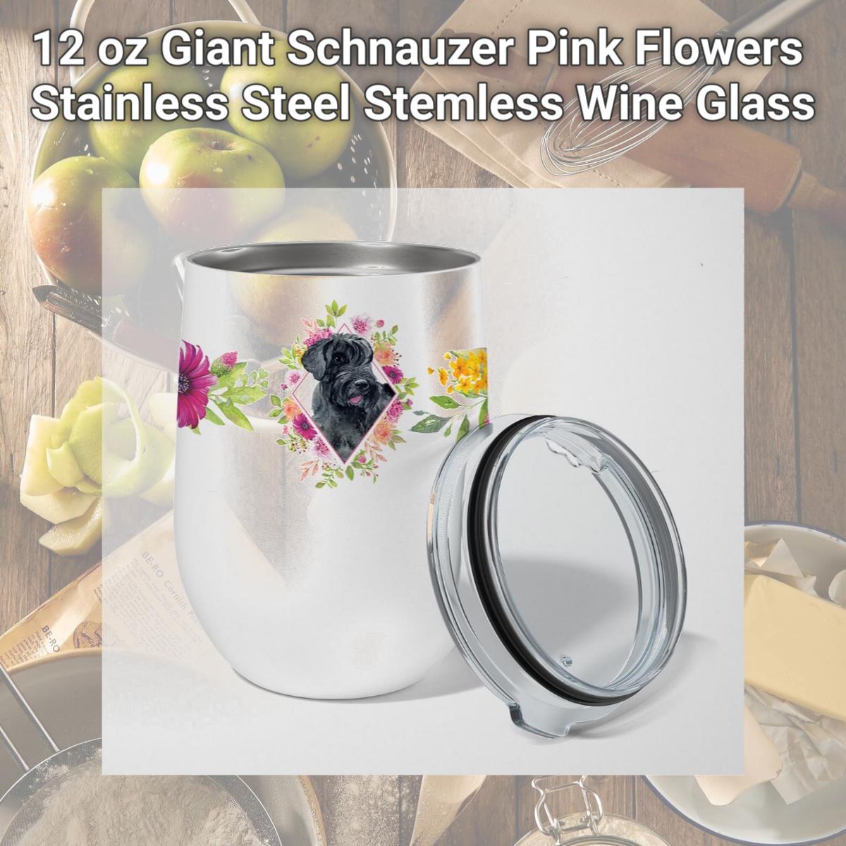 Picture of Carolines Treasures CK4178TBL12 12 oz Giant Schnauzer Pink Flowers Stainless Steel Stemless Wine Glass