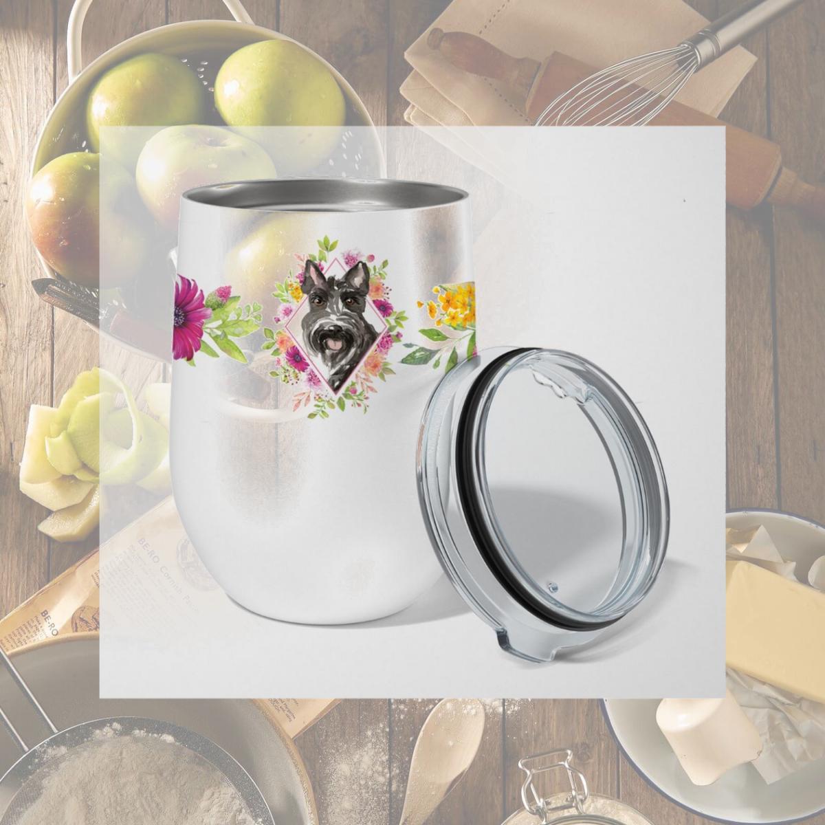 Picture of Carolines Treasures CK4214TBL12 12 oz Scottish Terrier Pink Flowers Stainless Steel Stemless Wine Glass