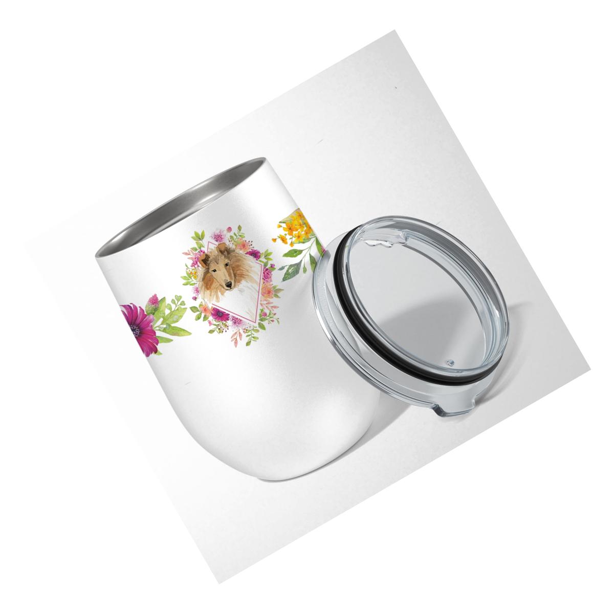 Picture of Carolines Treasures CK4216TBL12 12 oz Collie Pink Flowers Stainless Steel Stemless Wine Glass